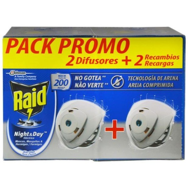Raid Night y Day insecticida eléctrico mosquitos moscas hormigas 2 Aparatos difusor y 2 Recambios