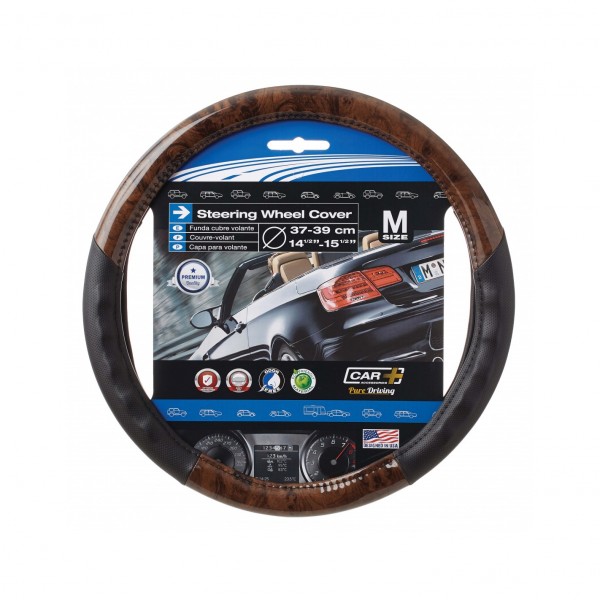 Funda de Volante Transpirable tipo Polipiel, con efecto Madera Oscura y color Negro, Universal para Volnates 39-41cm diametro