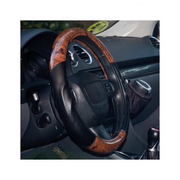 Funda de Volante Transpirable tipo Polipiel, con efecto Madera Oscura y color Negro, Universal para Volnates 39-41cm diametro