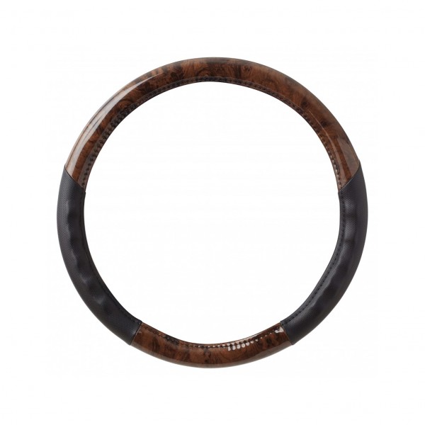 Funda de Volante Transpirable tipo Polipiel, con efecto Madera Oscura y color Negro, Universal para Volnates 39-41cm diametro