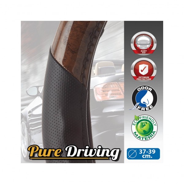 Funda de Volante Transpirable tipo Polipiel, con efecto Madera Oscura y color Negro, Universal para Volnates 39-41cm diametro