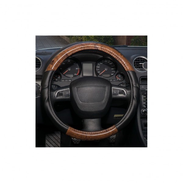 Funda de Volante Transpirable tipo Polipiel, con efecto Madera Oscura y color Negro, Universal para Volnates 39-41cm diametro