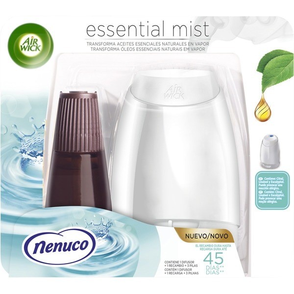 Air Wick Essential Mist Ambientador Vapor Aceites esenciales Difusor + Recambio Nenuco