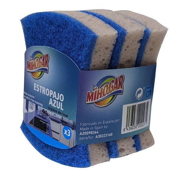 Mihogar estropajo fibra Azul no raya con esponja 3 unidades
