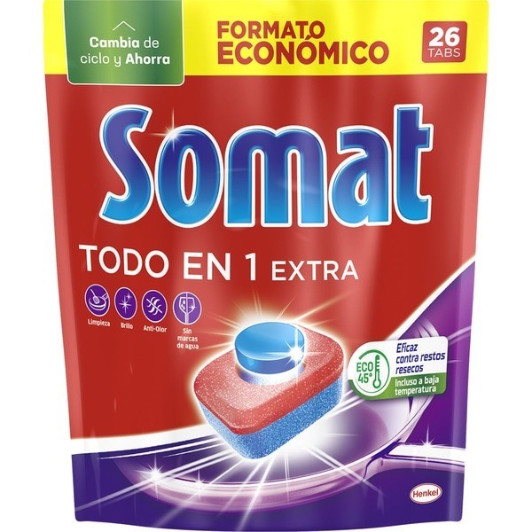 Somat Todo En 1 pastillas detergente lavavajillas 26 dosis