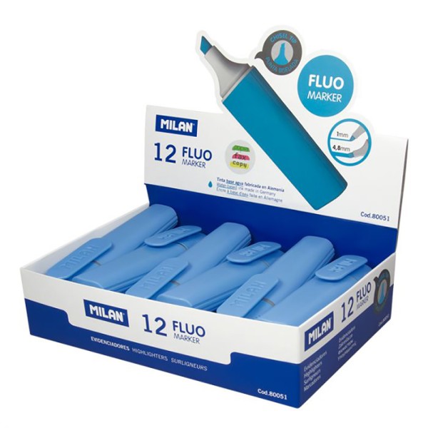 Caja expositora con 12 marcadores fluorescentes color azul milan