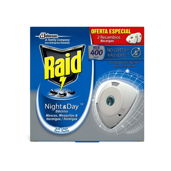 Raid Night y Day eléctrico insecticida mosquitos moscas hormigas recambio 2 unidades